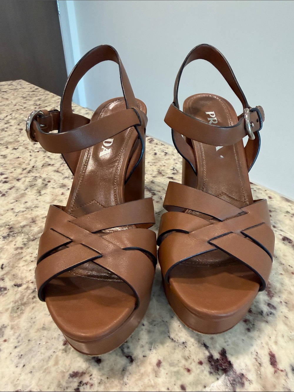Prada Tan Leather Crisscross Platform Sandals